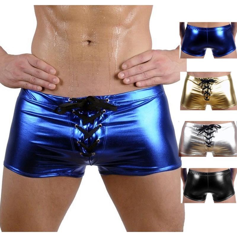 

Underpants Mens Sexy Faux Leather Shiny Boxers Underwear/Gay Male Latex Shorts Panties Black Blue Gold Silver Swimwear Cool LingerieUnderpan