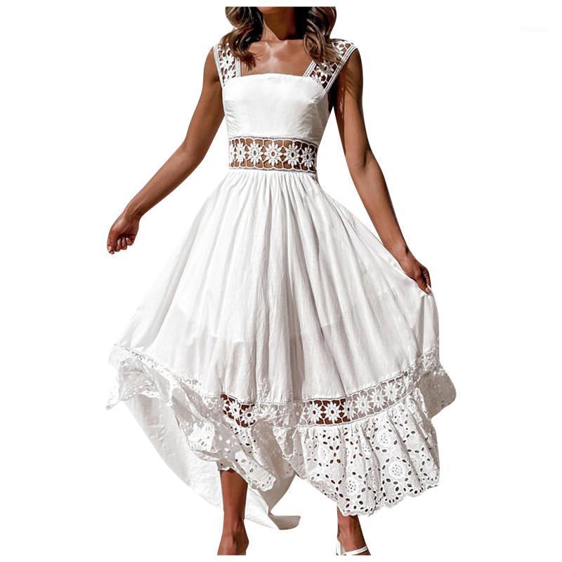 

Casual Dresses Women Wedding Evening White Dress Elegant Sexy Lace Sleeveless Splicing Hollow Party Cocktail High Waist Robes Vestidos