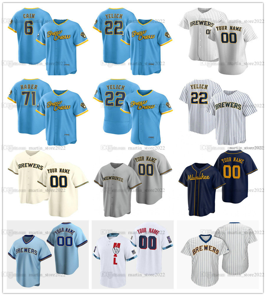 

Powder Blue 2022 City 71 Josh Hader Jersey Baseball 39 Corbin Burnes Andrew 24 McCutchen 22 Christian Yelich 37 Adrian Houser 51 Freddy Peralta 6 Lorenzo Cain Edition