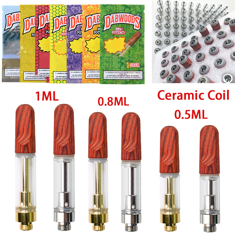 

TH205 Wood Grain Ceramic Atomizers Empty 0.8ML 1ML Capacity Vape Cartridges Silver Gold Carts 7 Strains Dabwoods Packaging Glass Tank Oil Vaporizer Dab Wax 510 Thread