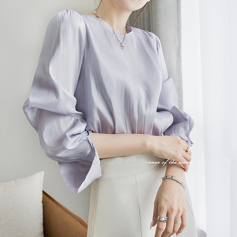 

Women' Blouses & Shirts Johnature OL French O-neck Full Sleeve Women 2022 Summer Loose Simple All Match 3 Colors, Beige