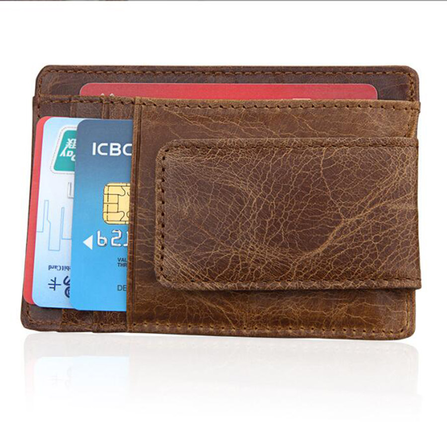 Wholesales Customize Retro Men's Money Clips Multifunctional Cowhide leather Solid doller Clip ID -card holder small Male Wallet