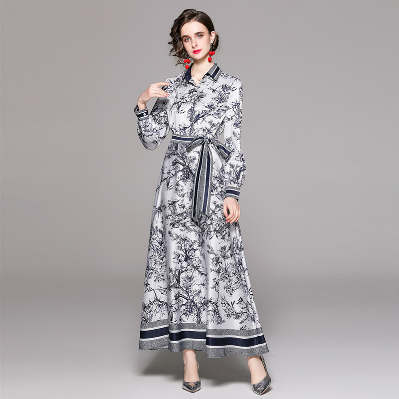 

Luxury Fashion Party Floral Boho Dress 2022 Woman Designer Long Sleeve Single-Breasted Slim Bow Shirt Dresses Office Lady Spring Autumn Sweet Retro Print Maxi Frock, Green