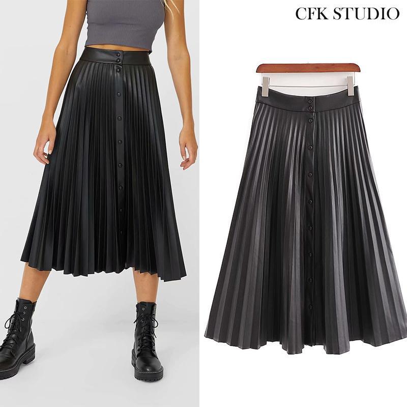 

Women Pu Midiskirt With High Wasit Elegant Casual Loose A-line Black Pleated Skirts