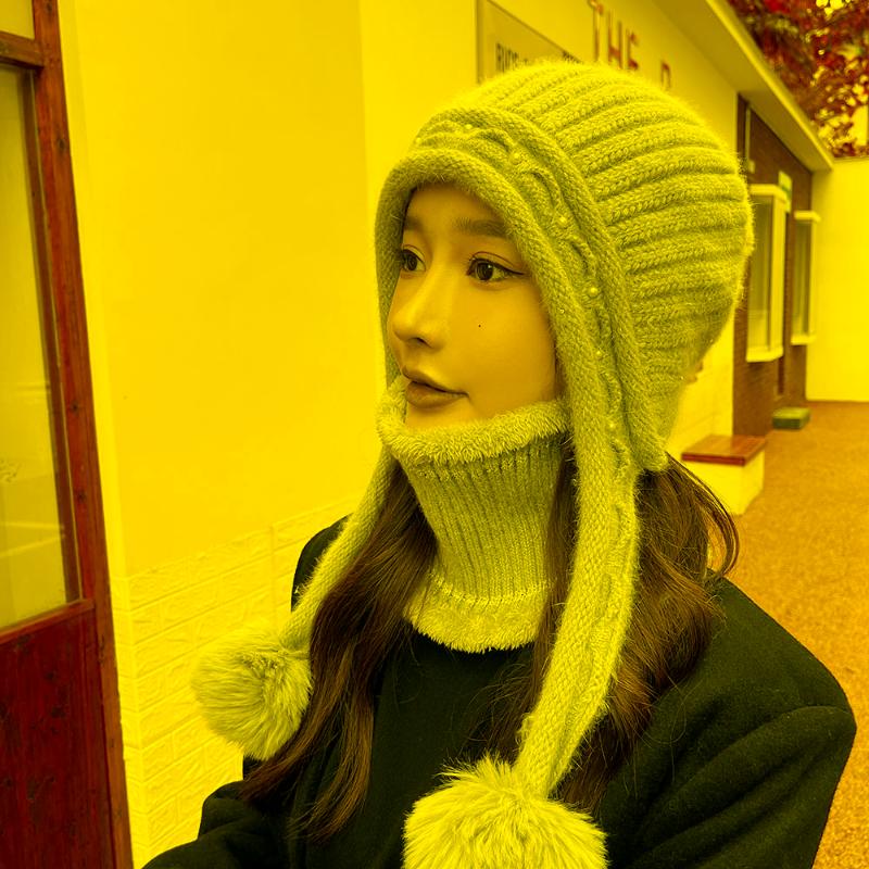 

Berets Brand Autumn Winter Beanies Caps Women Warm Wool Elegant Flowers Knitted Hat Scarf Set Female Hair Windproof Velvet CapBerets BeretsB, White