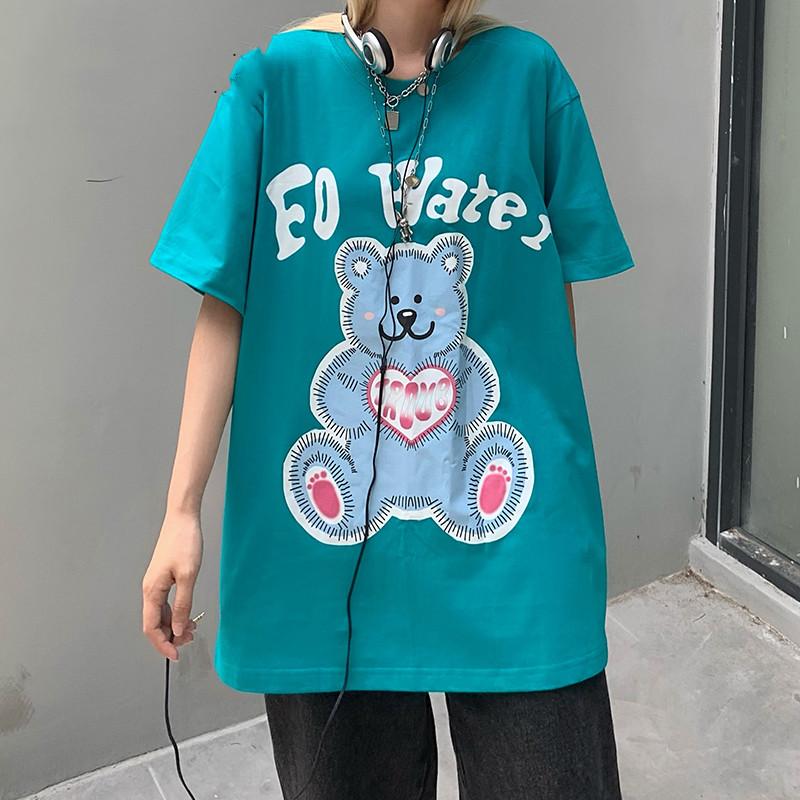 

Men' T-Shirts Style Retro T Shirt Men High Street Rock Fashion Cartoon Bear Print Hip Hop Skateboard Shirts Lovers Short TeeMen, Blue