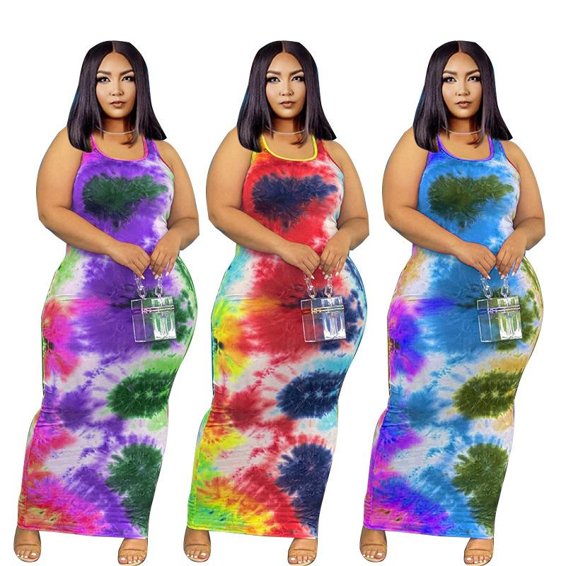 

Plus Size Dresses Maxi For Women Summer 2022 Wholesale Clothes O-Neck Sleeveless Tie Dye Dress Casual Drop, Blue
