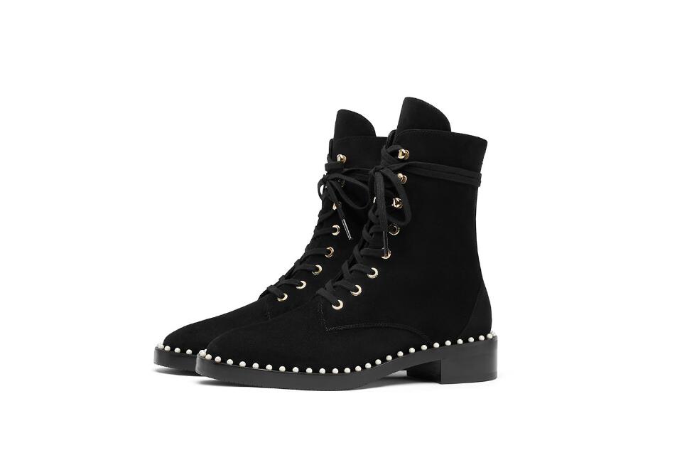 Espagne Luxe New Sondra bottes femmes Martin bottines perle cheville dames talons carrés chaussures noir à lacets bottes en cuir de vache boîte t