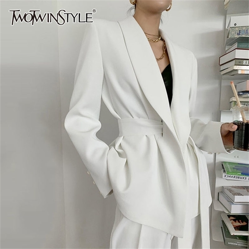 

TWOTWINSTYLE Elegant White Blazer For Women Notched Long Sleeve Tunic Sashes Solid Minimalist Blazers Female Fashion Spring 220402
