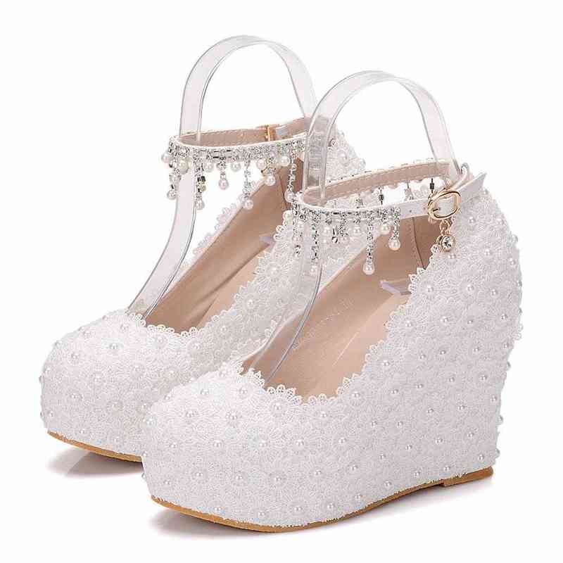 

Dress Shoes High Heels With Lace And Pearl Platform White Crystal Wedge Women Wedding Sandals 220416