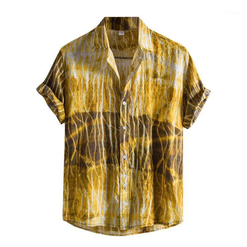 

Men's Casual Shirts Hawaiian Print Contrast Splice Short Sleeve For Men Slim Fit Button Up 2022 Chemise Homme, Yellow