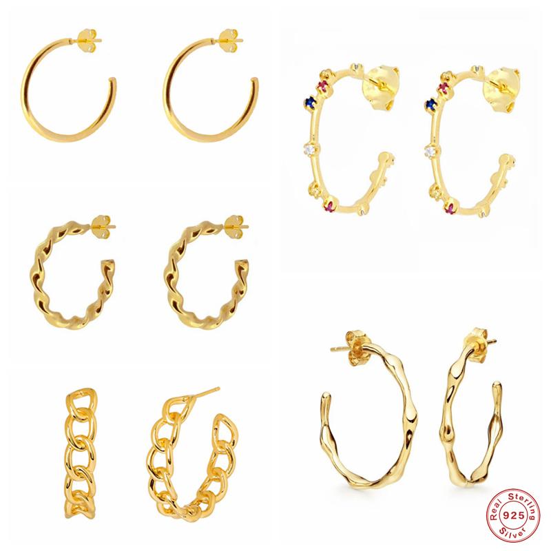 

Hoop & Huggie Aide 925 Silver Exaggerate Big Circle Gold Earrings For Women C Shape Bamboo Twisted Chain JewelryHoop