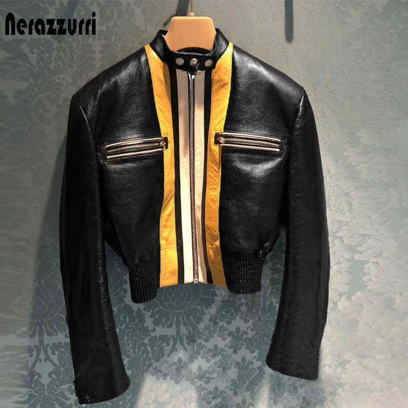 

Nerazzurri Spring Short Patchwork Faux Leather Jackets For Women Long Sleeve Zipper Crop Top Runway Designer Clothing Fashion J220727, Black