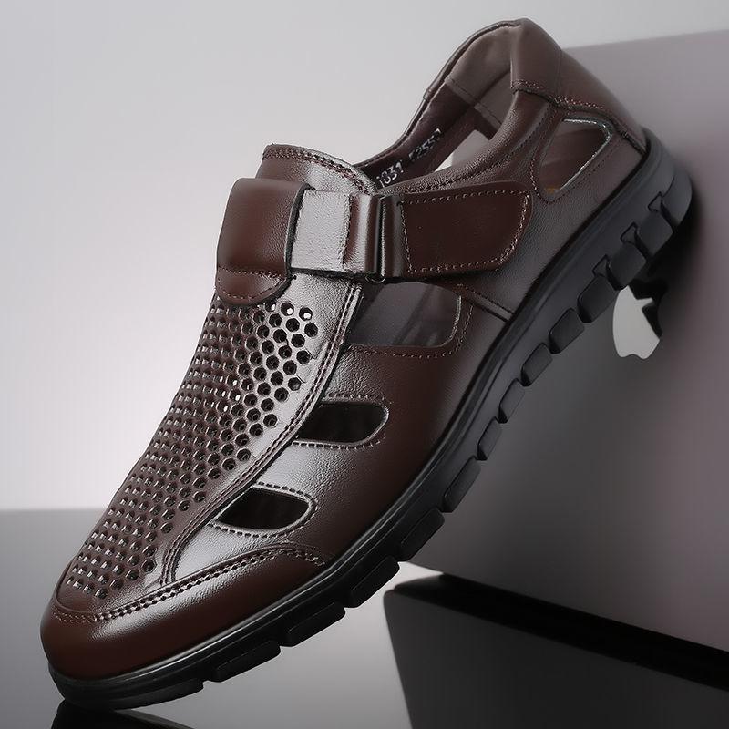 

Sandals Summer Shoes For Men Hollow Out Leather Breathable Non-slip Soft Bottom Handmade Design Footwear, Black