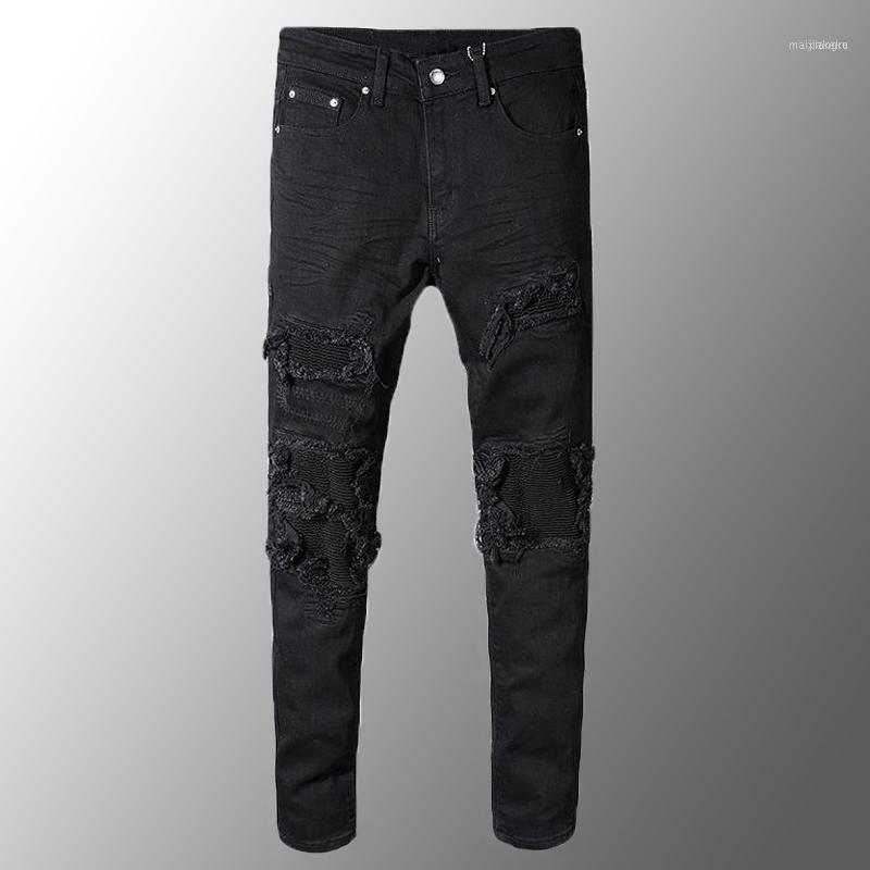 

Man Men Jeans Luxury Men's Black Patchwork Stretch Denim Biker For Motorcycle Slim Fit Skinny Ripped Pencil Pants, Blue