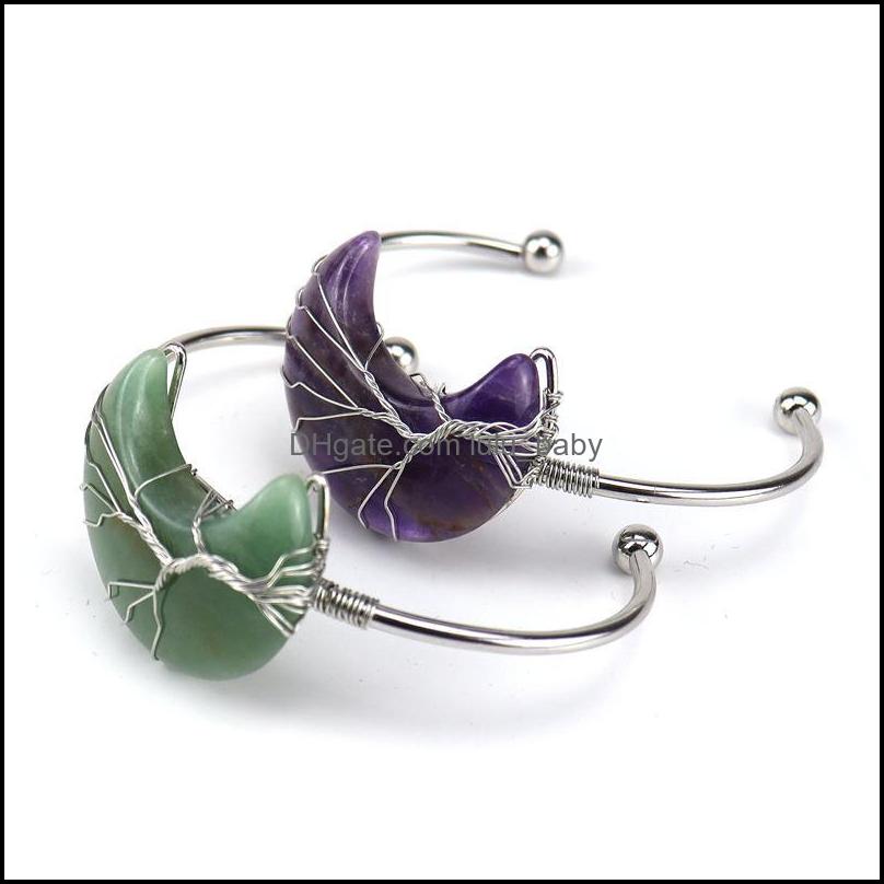

Charm Bracelets Jewelry Wire Wrap Natural Stone Moon Tree Of Life Bracelet Amethyst Aventurine Pink Crystal Bangle Dh2Cg