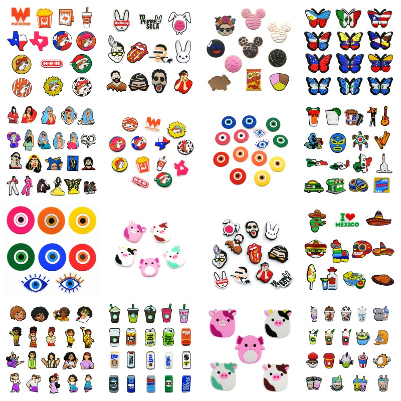 

100pcs/set evil eyes Texas Mexican pattern croc JIBZ 2D Soft pvc anime Shoe accessories clog pins shoe buttons buckles Decorations fit child wristlets sandals