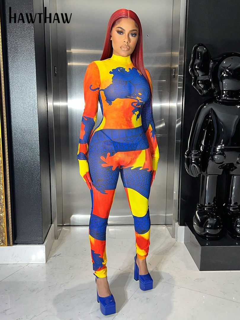 

Hawthaw Women Fashion Long Sleeve Printed Bodycon Jumpsuit Overalls One Piece Outfit 2022 Spring Autumn Clothes Wholesale Items, Multi