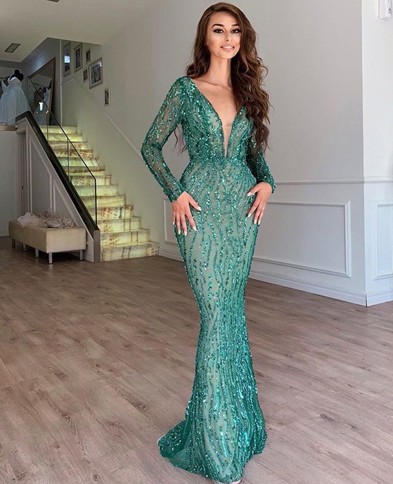

Green Mermaid Prom Dresses Long Sleeves Deep V Neck Lace Hollow Appliques Sequins Sparkling Beads Floor Length Party Evening Gowns Plus Size Custom Made Tailored