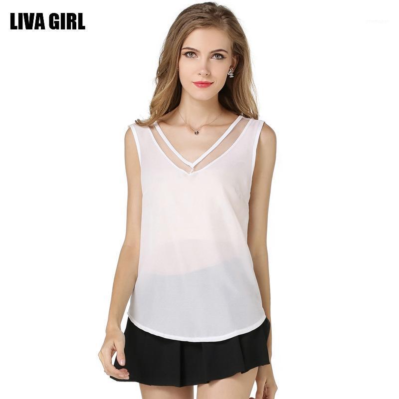

Women Sexy V-neck Chiffon Shirts White Black Casual Sleeveless Blouse 2022 Female Summer Large Size Fashion Tops Women' Blouses