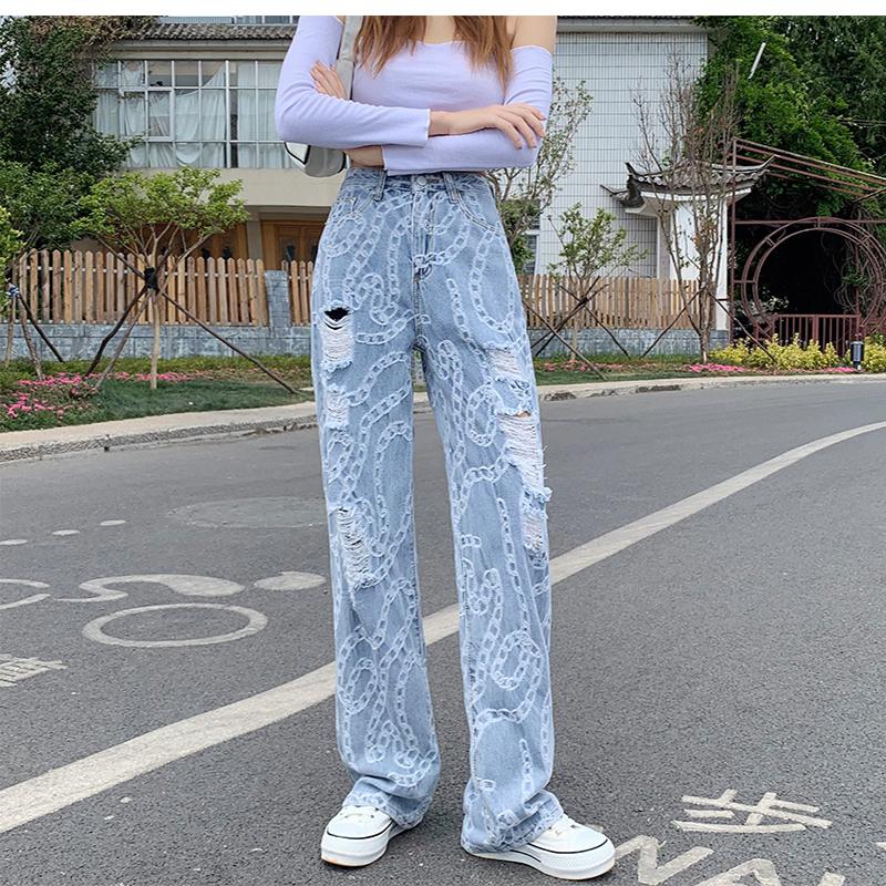 

Women' Jeans Harajuku Chain Embroidery Pattern Straight Loose Hole Pants Drape Old Summer Thin Color Contrast High Waist Female, Light blue