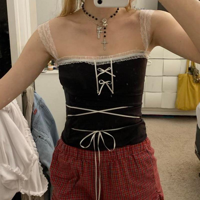 

Women' Tanks & Camis Women' Summer Tank Tops Lace Shoulder Straps Open Back Waist Strappy Bodice Vests Streetwear Y2K Girls Sweet Cami, Black