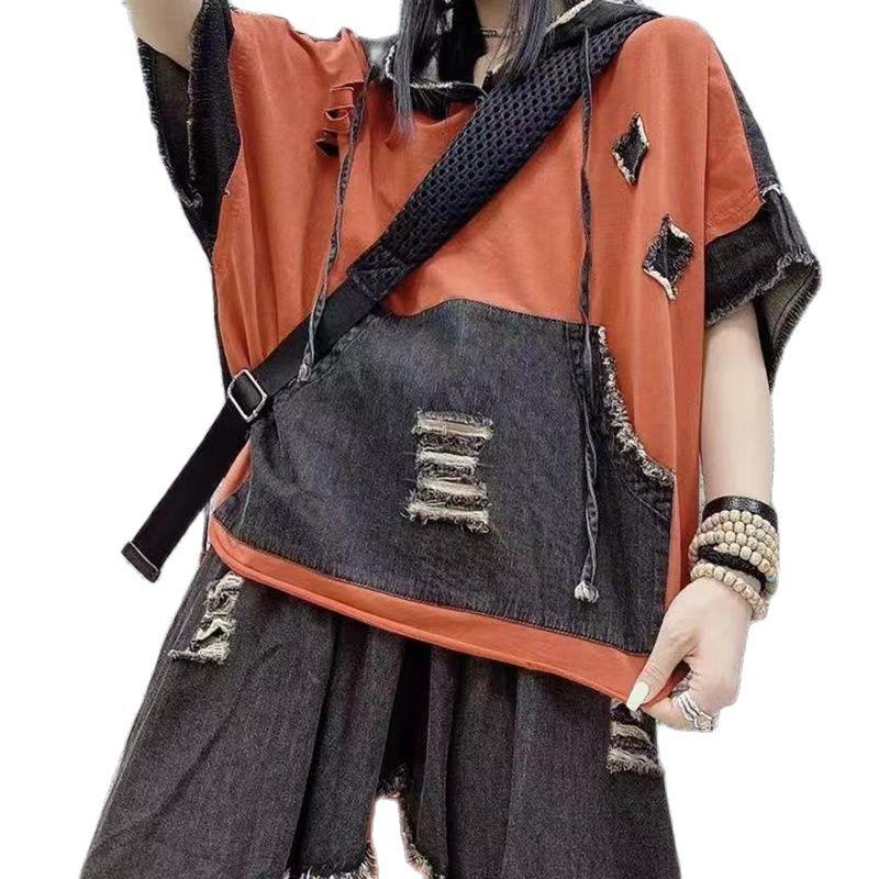 

Women's Two Piece Pants Oversized Summer Sets Women Casual Pieces Short Sleeve T Shirts Hooded And High Waist Baggy Outfits Tracksuit XC190W, Yellow
