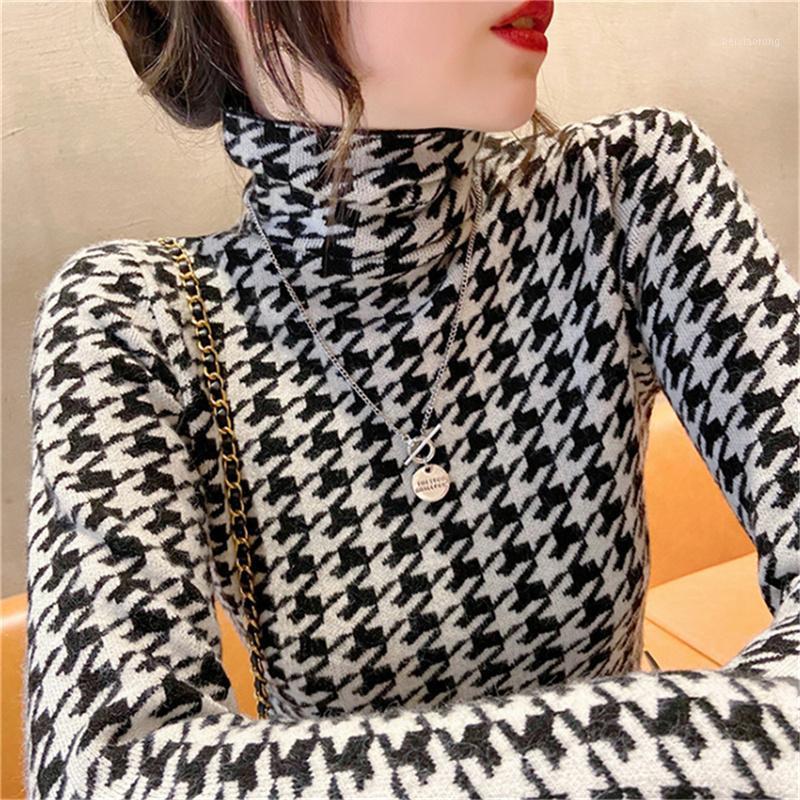 

Women's Sweaters 2022 Autumn Winter Houndstooth Tight Turtleneck Sweater Plaid Knitted Women Luxury Chic Slim Pullover High Quality
