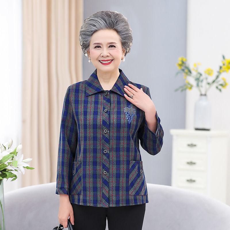 

Women's Blouses & Shirts Women Spring Autumn Middle-aged And Elderly Female Pockets Thin Ladies Long-sleeved Plaid Q231Women's