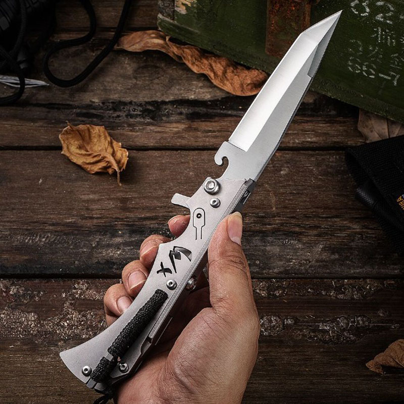 

Top quality WX New Design Tactical Folding Knife 9Cr13Mov Titanium Coated Tanto Point Blade Stainless Steel Handle Knives With Nylon Bag