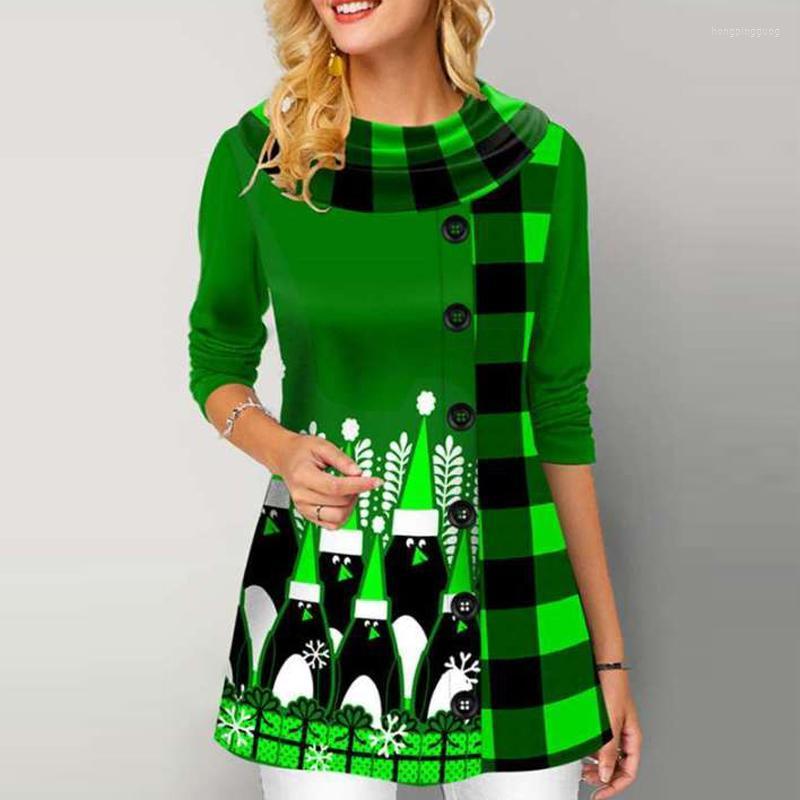 

Women's Blouses & Shirts Christmas Print Check Blouse Lady Casual Loose Color Block Pullover Autumn Winter Long-sleeved Button-shaped Street, Green