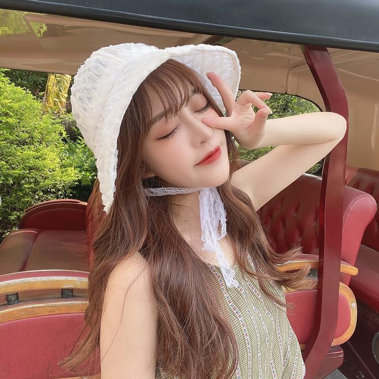 

Berets Floral Bucket Hat With Ribbon Women Retro Lace Wide Brim Bonnet Black Visor Summer Fashion Sun Cap Fisherman Lolita GorrasBerets, White