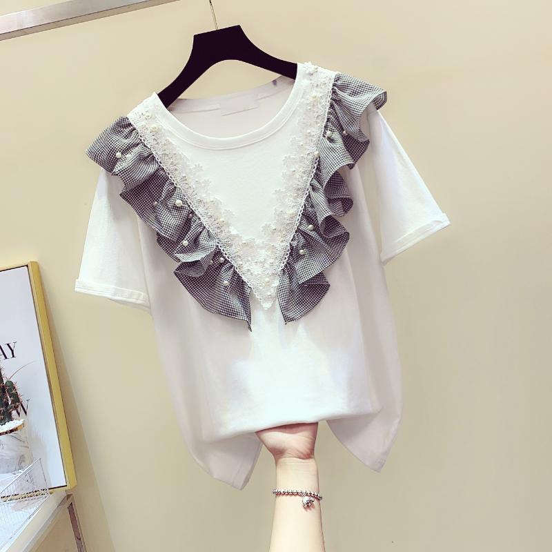 

Women' T-Shirt Female Korean Style Beads Lotus Leaf Lace Round Collar Short Sleeve Student Shirts Summer TshirtWomen, White