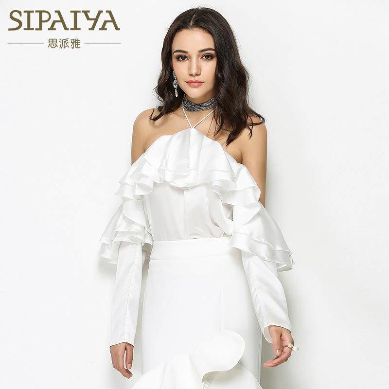 

Women' Blouses & Shirts Paiya Summer Autumn Fashion Sexy Strapless Halter Neck Long Sleeved Shirt Casual Frilled Blouse, Black