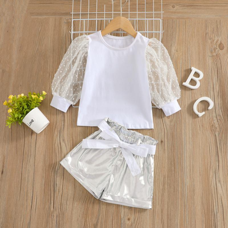 

Clothing Sets Girls Shorts Set Dot Mesh Long-sleeved Round Neck Pullover Tops High-waist Elastic SetClothing, Silver