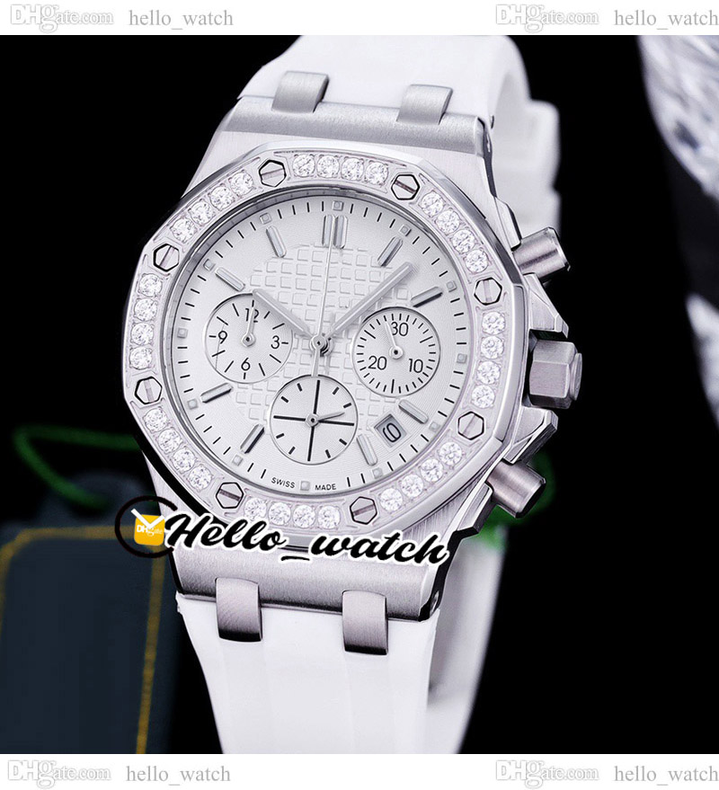 

37mm Date 26231 Miyota Quartz Chronograph Womens Watch White Texture Dial Stopwatch Steel Case Diamond Bezel White Rubber Strap Fashion Lady Watches HelloWatch, Waterproof service