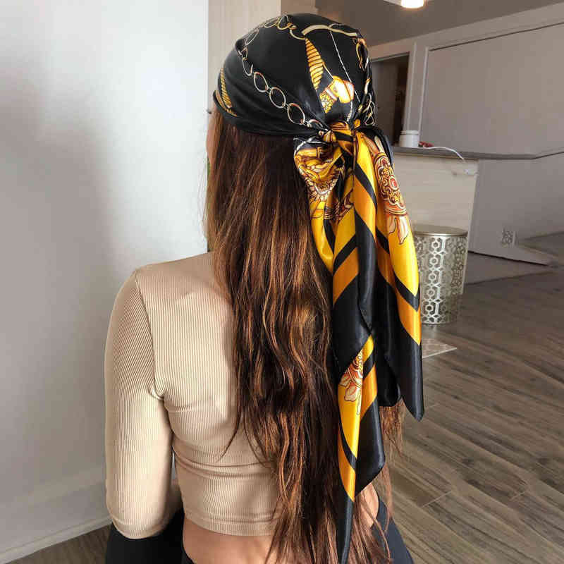 

90*90cm Hair Scarf Women Fashion Designer Beautiful Flowers Foulard Soft Satin Shawl Kerchief Square Silk Scarfs Neck Headscarf G220513