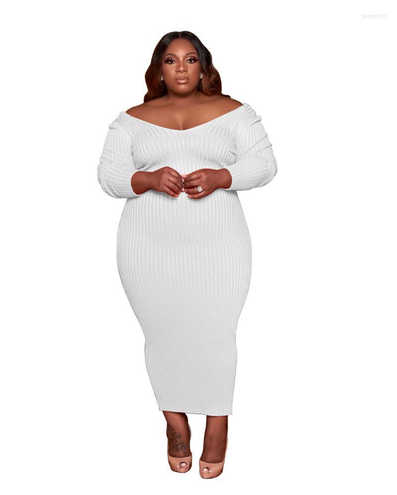 

Plus Size Dresses Women Clothing 2022 Office Rib Dress Solid Color V-neck Big Pit Stripe Large Autumn Urban Casual Fashion Jasp22, White