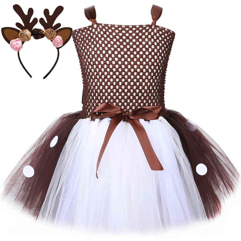 

Brown Deer Tutu Dress Kids Tulle Princess Dress Children Halloween Come Purim Reindeer Dress Up For Girls Christmas Clothes L220715, Only dress