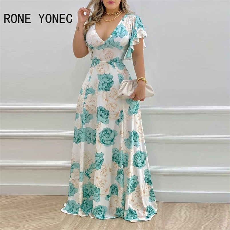 

Women Elegant Chiffon Deep V neck Floral Pattern Butterfly Sleeves Maxi White Vacation Dresses 220613