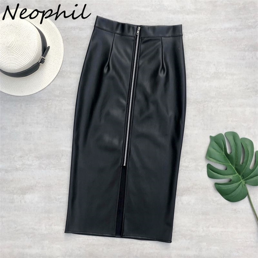

Neophil Vintage Zipper High Waist Latex Pencil Skirt Wrap Sexy Black PU Faux Leather Midi Split Skirt Bodycon Saia S21759 220322