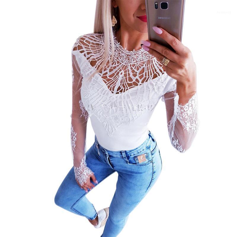 

Women' Blouses & Shirts 2022 Spring Autumn Clothing Sexy Long Sleeve Bottoming Shirt See-Through Crochet Lace O-Neck Top Plus Size, As pic