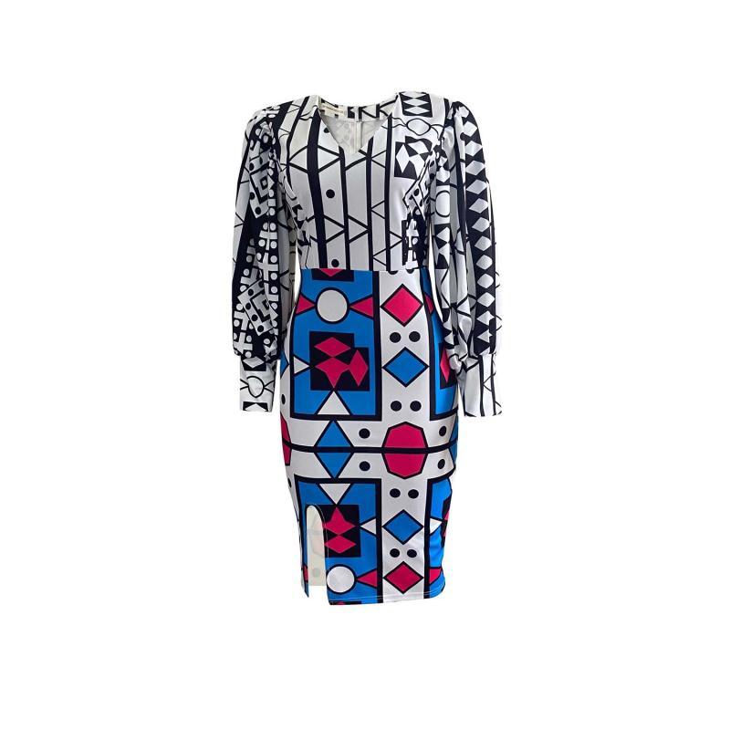 

Casual Dresses Dress Autumn 2022 Bubble Sleeve Print Mosaic V-neck Large Women' African Designer Black White Yellow BlueCasual, Beige