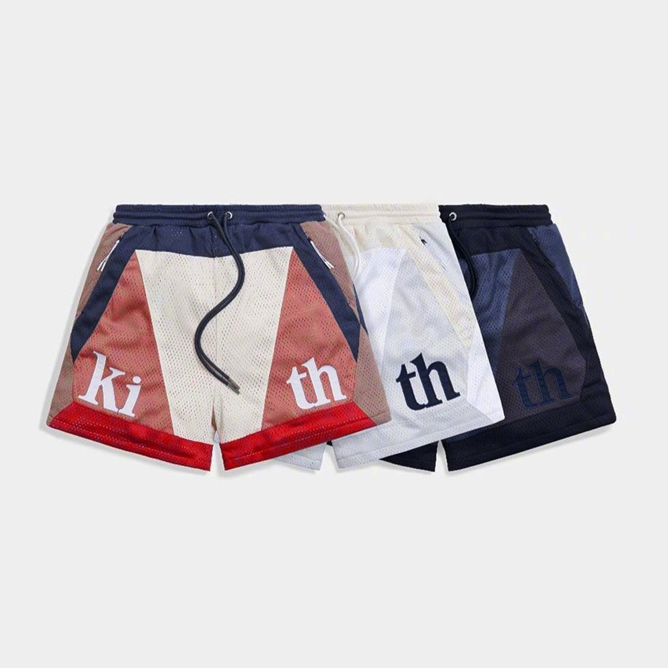 

Kith Men' Pants High Street Fashion Brand Contrast Stitching Mesh Shorts Men' Women' Sports Trend Beach Capris Loose Breathable, White color matching