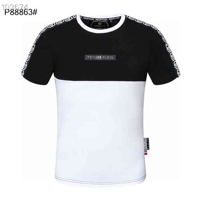 

Designer Philip metal letter short sleeve round neck slim fit T-shirt ribbon European and American fashion brand pure cotton men's top, Black