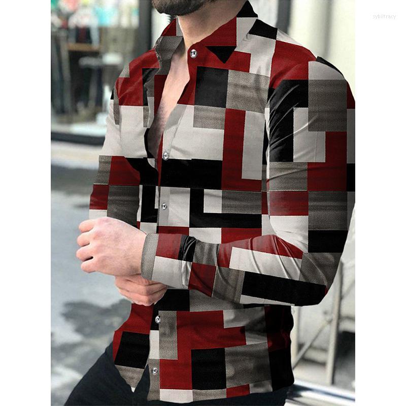 

Men's Dress Shirts Fashion Social Men Turn-down Collar Buttoned Shirt Long Sleeve Tops Mens Clothes Prom Party Cardigan Print Lattice Casual, 131