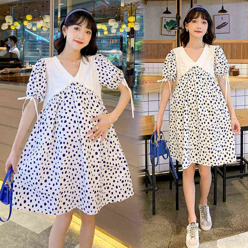 

502# 2022 Summer Korean Fashion Maternity Dress Sweet Lovely Polka Dot Printed Clothes for Pregnant Women Chic Ins Pregnancy G220418, Green