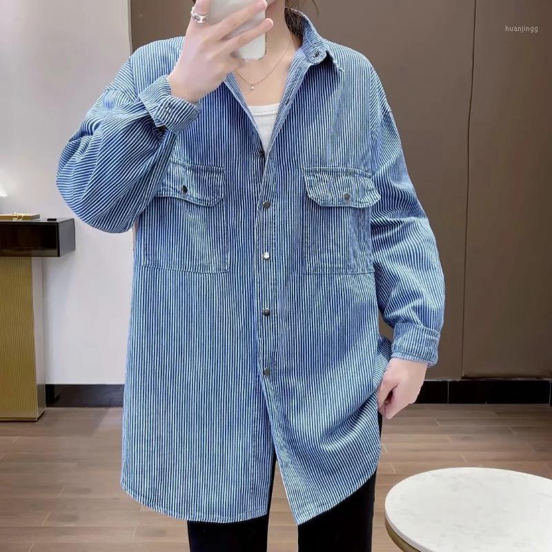 

Women's Blouses & Shirts Undefined 2022 Spring Autumn Striped Pockets Casual Fashion Oversized Itself Plus Size Blouse Cotton Shirt Top