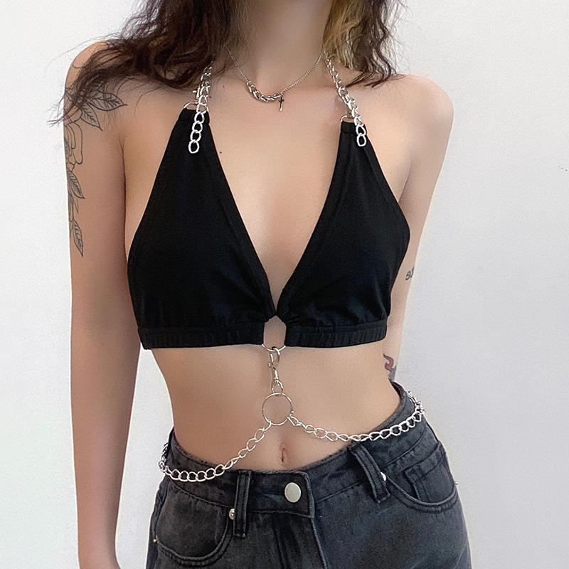 

Women's Tanks & Camis Sexy V-Neck Backless Party Clubwear Crop Tops For Women Goth Aesthetic Chain Bustier Top Summer 90s Rave OutfitsWomen', Black
