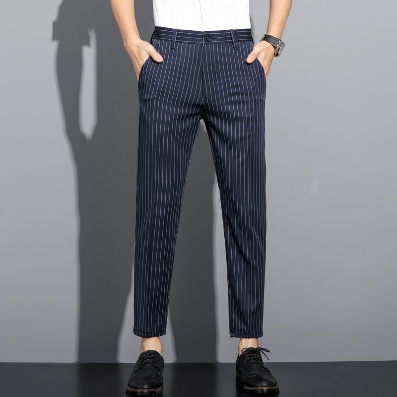 

Men's Pants Simple Striped Men's Trousers Stretch Nine-length Summer Casual Versatile Suit For Men 28-38Men's, Black